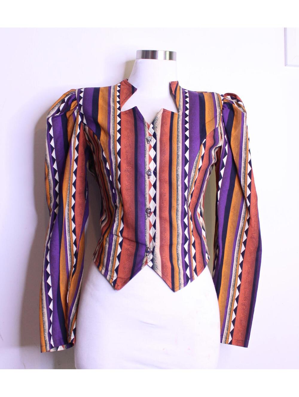 VTG Purple Orange Abstract Print Leg-O-Mutton Sleeve Blouse - XS